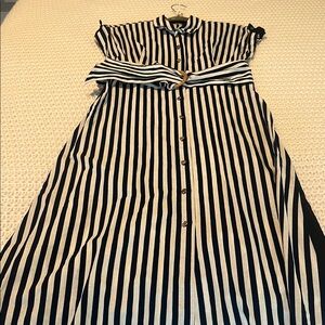 Zara Navy and White Striped Dress. Linen blend.